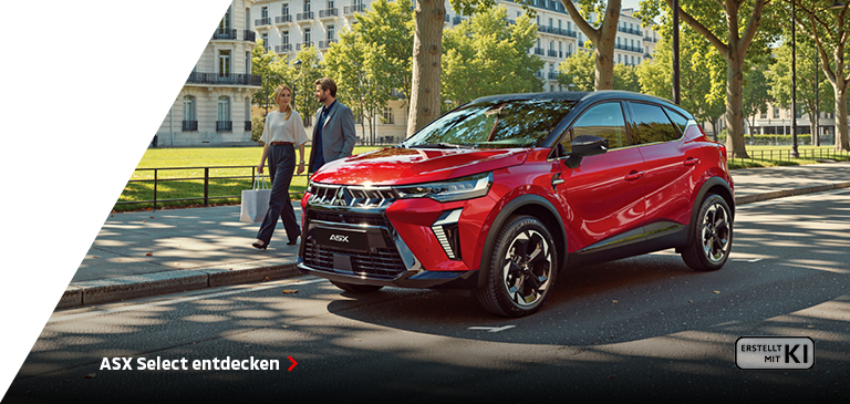Roter Mitsubishi ASX Select steht leicht schräg auf einer Straße in einem grünen Stadtviertel mit Bäumen und Gebäuden im Hintergrund, präsentiert als sportliches Crossover-Modell für das urbane Leben - Erstellt mit KI.