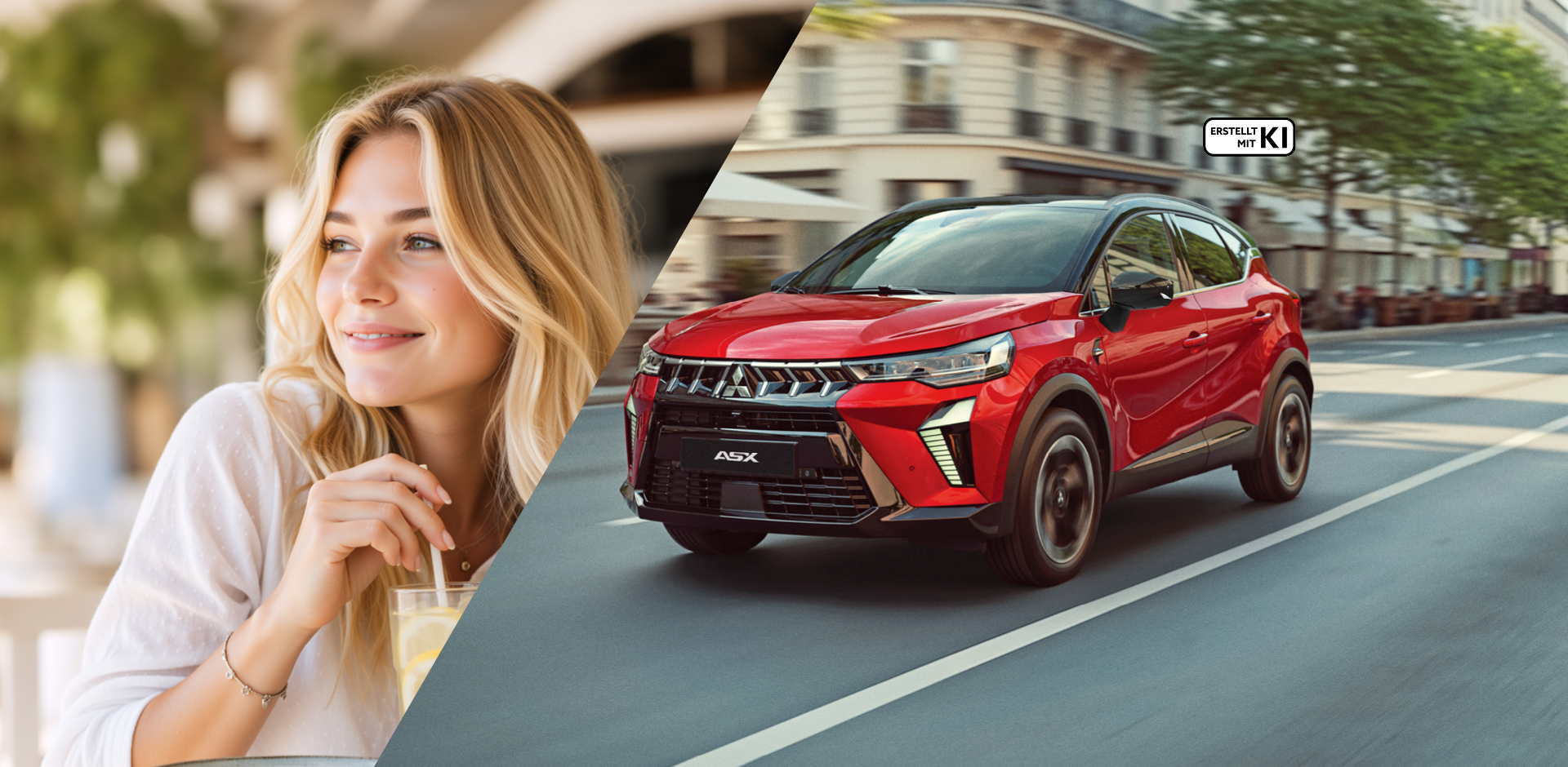 Roter Mitsubishi ASX Select fährt dynamisch durch eine Stadtstraße mit Cafés und Personen im Hintergrund; Front- und Seitenansicht des Fahrzeugs mit gut sichtbarem Kühlergrill und Scheinwerfern.Erstellt mit KI.