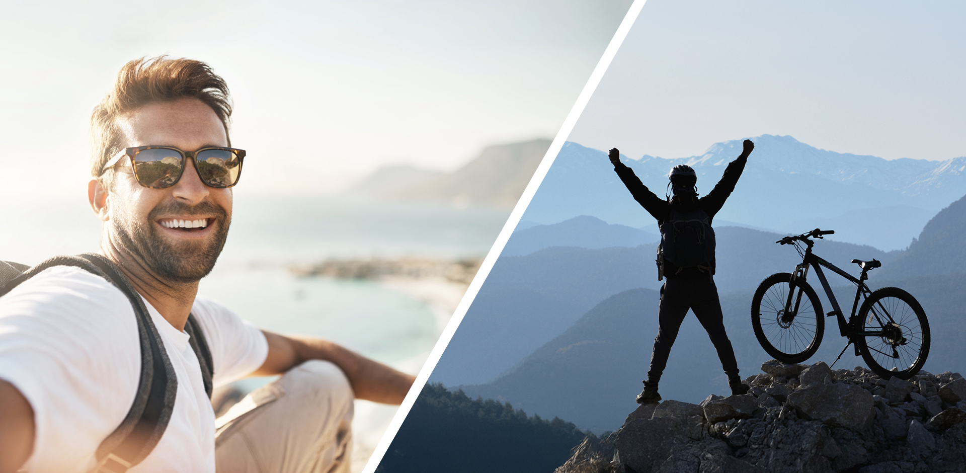 Geteiltes Headerbild: Links ein lachender Mann mit Rucksack am Meer, rechts die Silhouette einer Person mit Fahrrad auf einem Berggipfel mit ausgebreiteten Armen vor einer Bergkulisse – Symbol für Freiheit, Abenteuer und alles, was das Leben bringt.