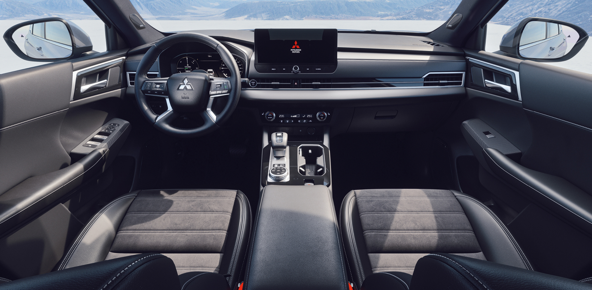 Frontale Innenansicht des Outlander Plug-in Hybrid Select mit hochwertigem Cockpit: Multifunktionslenkrad, großem Zentraldisplay, klar strukturierten Bedienelementen und komfortablen Vordersitzen.