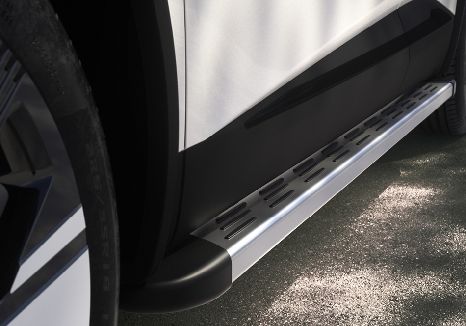 Nahaufnahme eines Einstiegsleisten-Sets am Mitsubishi Grandis, montiert unter der Türschwelle für einen sicheren und bequemen Einstieg.